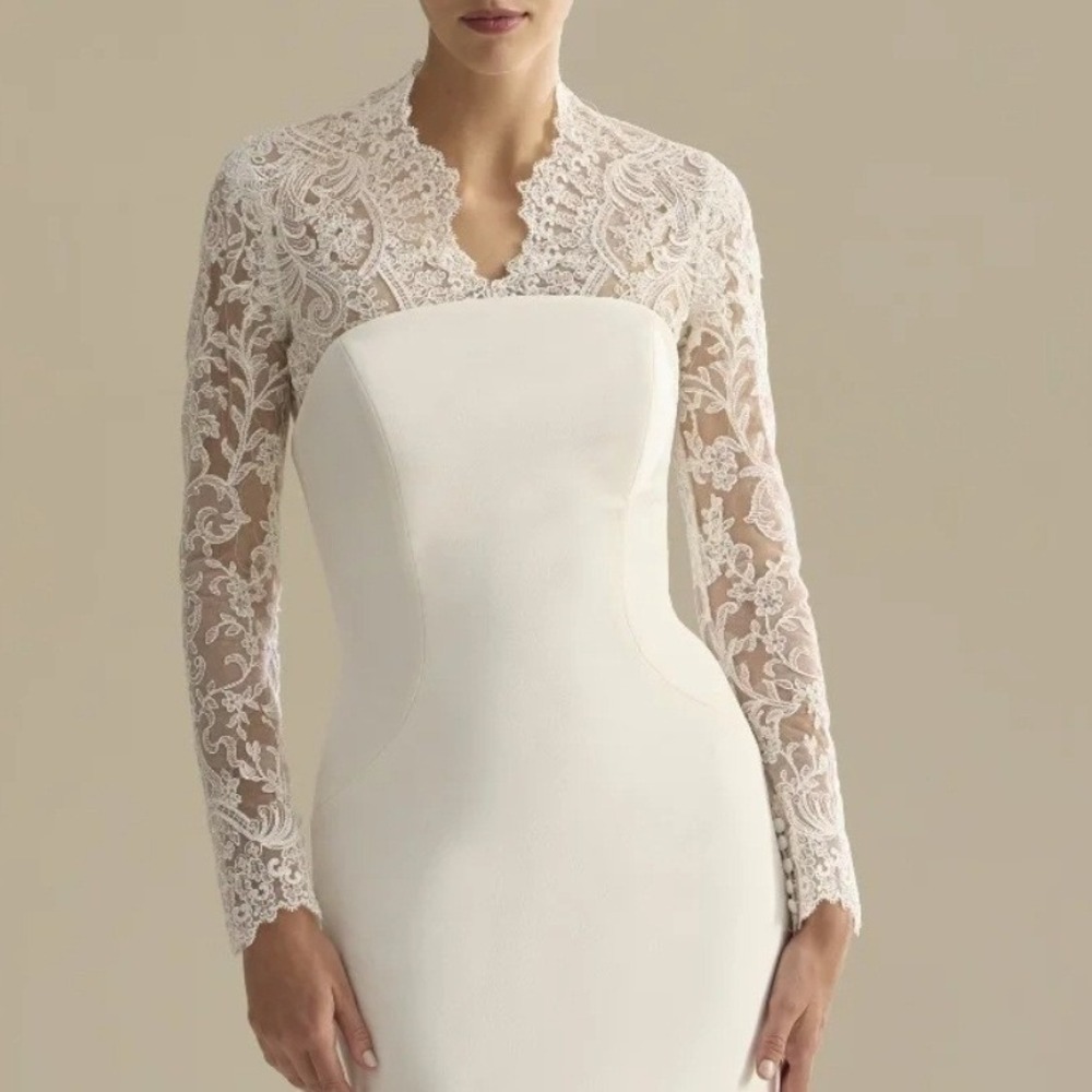 Pronovias Jory Jacket White Floral Lace Bridal Topper Bolero Size 4 Long Sleeve